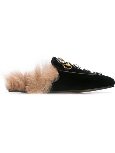 Gucci Women's Princetown Embroidered Velvet & Lamb Fur Mules In Black