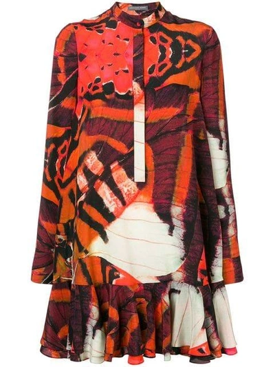 Alexander Mcqueen Mandarin-collar Long-sleeve Tiger Butterfly-print Silk Mini Dress In 6350 Black