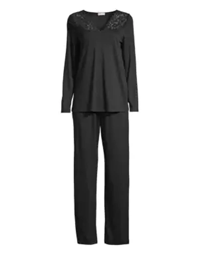 Hanro Moments Lace Trim Cotton Long Sleeve Pyjama Set In Black
