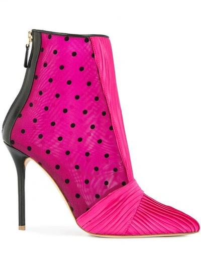 Malone Souliers Charlise 100 Pleated Satin, Polka-dot Mesh And Leather Ankle Boots In Fuchsia