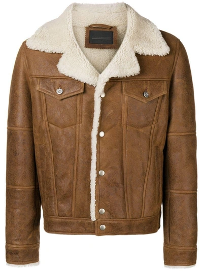 Diesel Black Gold Shearling Leather Jacket In Brown