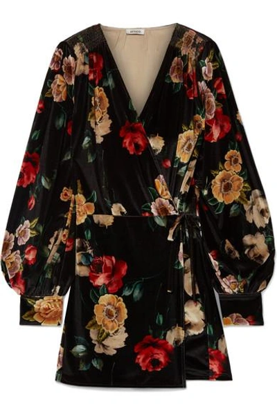 Attico Floral-print Velvet Mini Wrap Dress In Black/multicolor