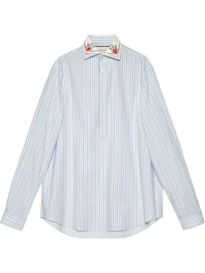 Gucci Embroidered Collar Button-placket Long-sleeve Striped Cotton Shirt In Blue