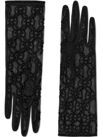 Gucci Gg-embroidered Tulle Gloves In Black