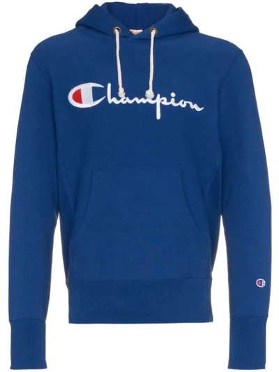 Champion Reverse Weave Script Logo Graphic Hoodie In Blue