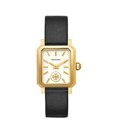 Tory Burch Robinson Watch, Black Leather/gold-tone, 27 X 29 Mm In Gold/black