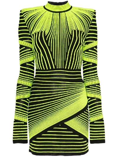 Balmain Neon Ribbed Stretch-knit Mini Dress In Black