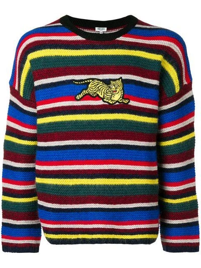 Kenzo Flying Tiger Embroidered Striped Wool-blend Jumper In Multi Coloured