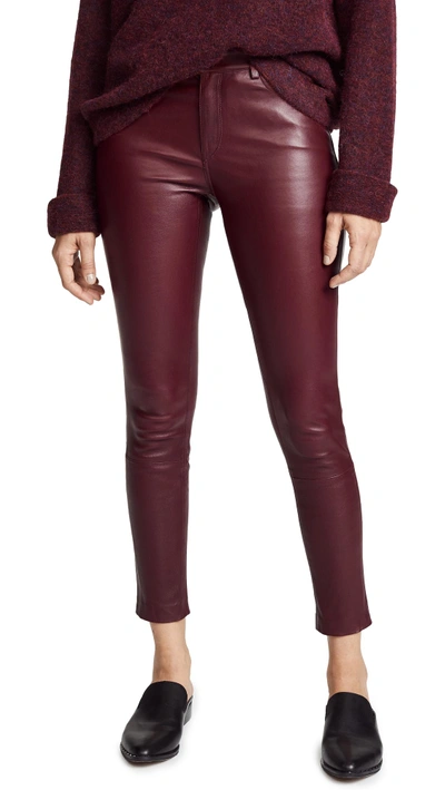 Theory 5 Pocket Leather Trousers In Deep Mulberry