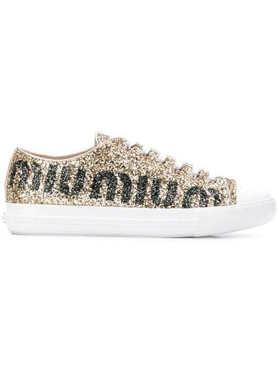 Miu Miu Glitter Logo Sneakers In Gold