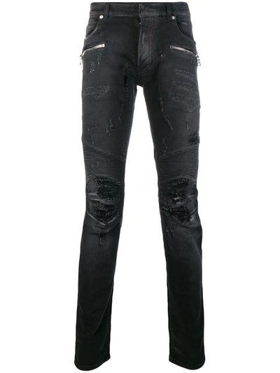 Balmain Dark Grey Distressed Skinny Jeans In 176 Noir