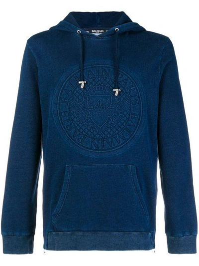 Balmain Logo-embossed Cotton Hooded Sweatshirt In Blue