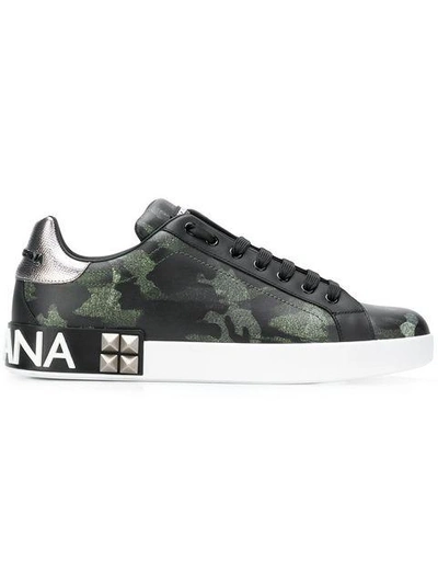 Dolce & Gabbana Camouflage-print Low-top Leather Trainers In Green