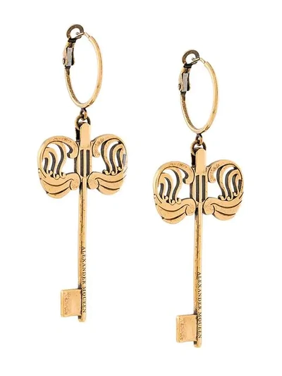 Alexander Mcqueen Antiqued Gold Key Charm Brass Earrings