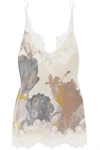 CARINE GILSON CHANTILLY LACE-TRIMMED FLORAL-PRINT SILK-SATIN CAMISOLE
