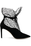 JIMMY CHOO LEANNE 85 SUEDE AND EMBROIDERED MESH PUMPS