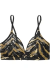 AGENT PROVOCATEUR GENEVIEVE TASSELED LEAVERS LACE AND LUREX UNDERWIRED TRIANGLE BRA