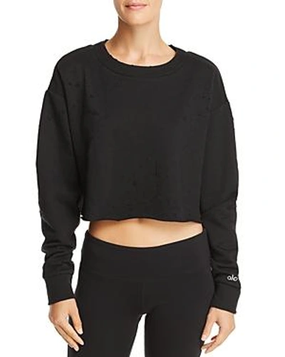 Alo Yoga Fierce Distressed Crewneck Cropped Pullover Sweatshirt In Black
