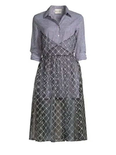 Sandy Liang Muse Gingham Tulle Overlay Shirtdress In Sailor