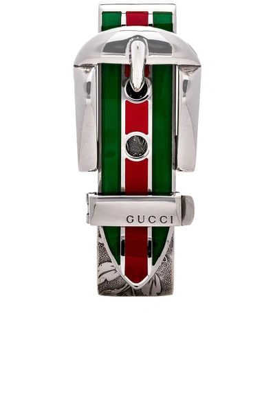 Gucci Garden Web Buckle Money Clip In Sterling Silver, Green & Red