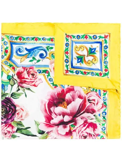 Dolce & Gabbana 陶器与牡丹印花真丝围巾 In Yellow