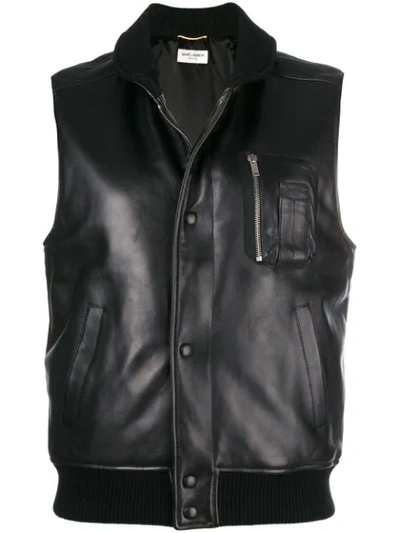 Saint Laurent Snap-front Lambskin Leather Waistcoat In Black