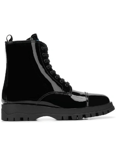 Prada Lace-up Patent-leather Ankle Boots In Black