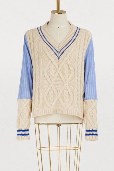 Maison Margiela V Neck Sweater In Light Blue/ecru
