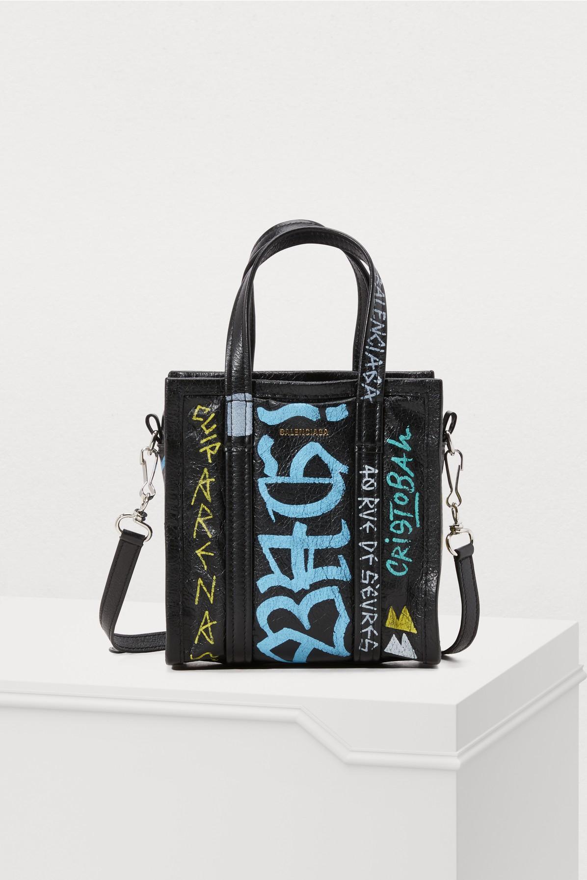 Balenciaga Bazar Xxs Graffiti Printed Texturedleather Tote In Black