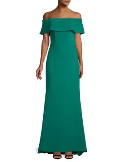 Carmen Marc Valvo Infusion Off-the-shoulder Crepe Gown In Pine
