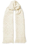 SAINT LAURENT FRINGED EMBROIDERED WOOL SCARF