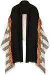 MELT FRINGED LEATHER-TRIMMED STRIPED WOOL WRAP