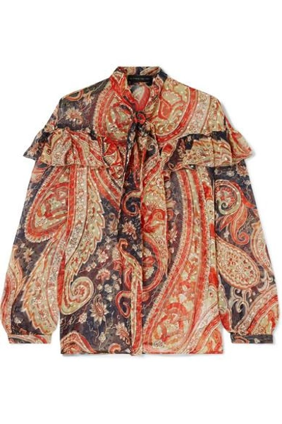 Etro Tie-neck Printed Fil Coupé Silk-blend Chiffon Blouse In Red