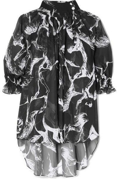 Adam Lippes Mock Neck Blouse With Smocked Sleeves In Black Pony