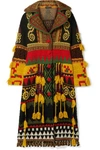 Etro Notched-collar Button-front Mixed-embroidered Long Coat W/ Fringe In Brown