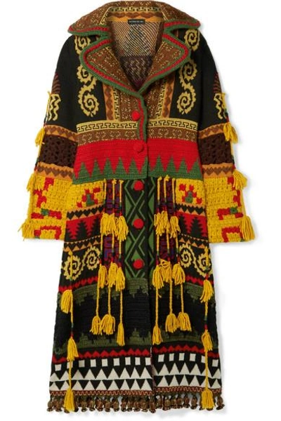 Etro Notched-collar Button-front Mixed-embroidered Long Coat W/ Fringe In Multicolor