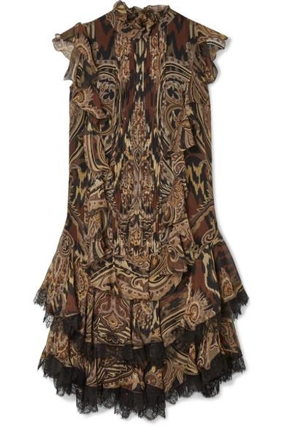 Etro Lace-trimmed Printed Silk-crepe Mini Dress In Brown