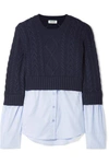 KENZO LAYERED CABLE-KNIT WOOL AND COTTON-POPLIN SWEATER