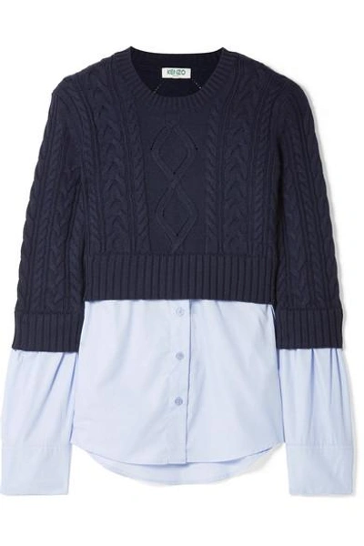 Kenzo Layered Cable-knit Wool And Cotton-poplin Sweater In Blue