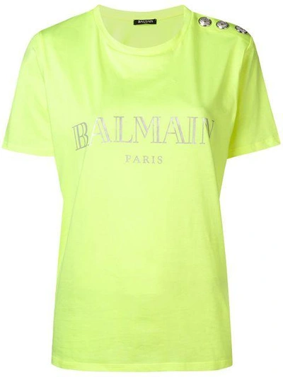 Balmain Metallic Logo Cotton Jersey T-shirt In Giallo