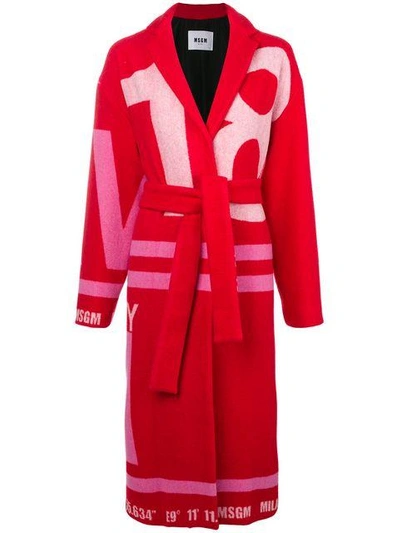 Msgm - Logo Wool Blend Dressing Gown Coat - Womens - Pink Multi In Red