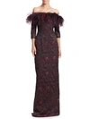 TERI JON BY RICKIE FREEMAN Feather-Trimmed Print Gown