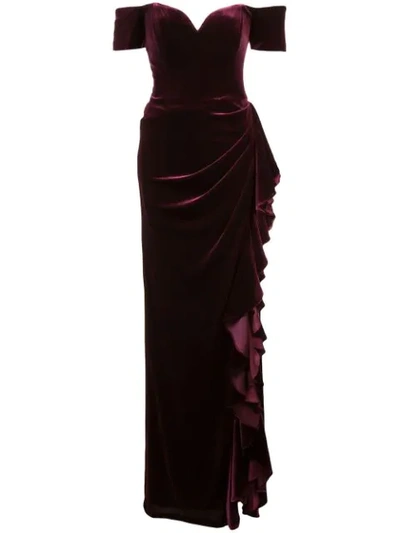 Badgley Mischka Velvet Ruffle Off-the-shoulder Gown In Burgundy