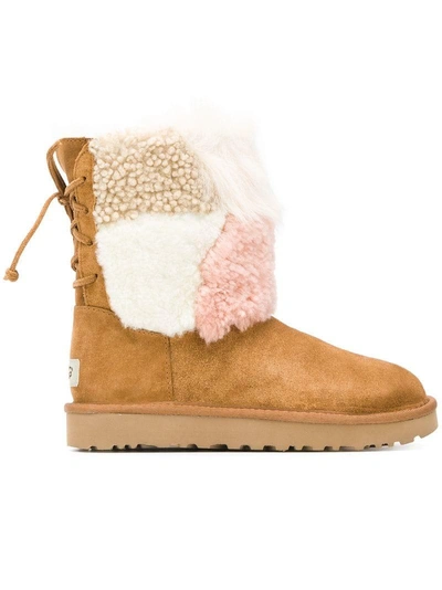 Ugg Women's Classic Short Patchwork Fluff Shearling Boots In Leather Color