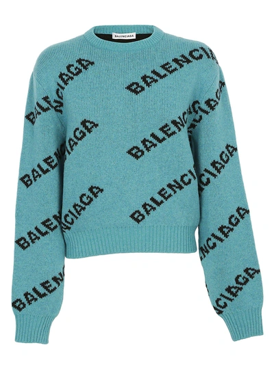 Balenciaga Jacquard Logo Crewneck Cropped Sweater In Turquoise/black