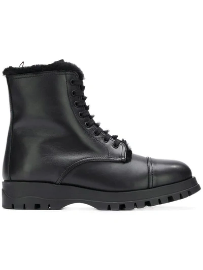 Prada Shearing-lined Leather Lace-up Ankle Boots In Black
