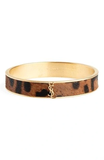 Saint Laurent Leopard Look Genuine Calf Hair Bangle Bracelet In Brown/gold