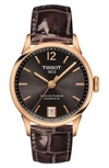 Tissot Chemin Des Tourelles Powermatic 80 Lady Leather Strap Watch, 32mm In Brown/ Gunmetal/ Rose Gold