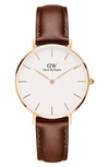 Daniel Wellington Classic Petite Leather Strap Watch, 32mm In Brown/ White/ Rose Gold