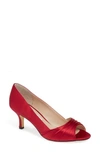 Nina Contesa Open Toe Pump In Crimson Satin